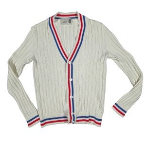 Men's Ivory Cable-Knit Cardigan with Red & Blue Trim